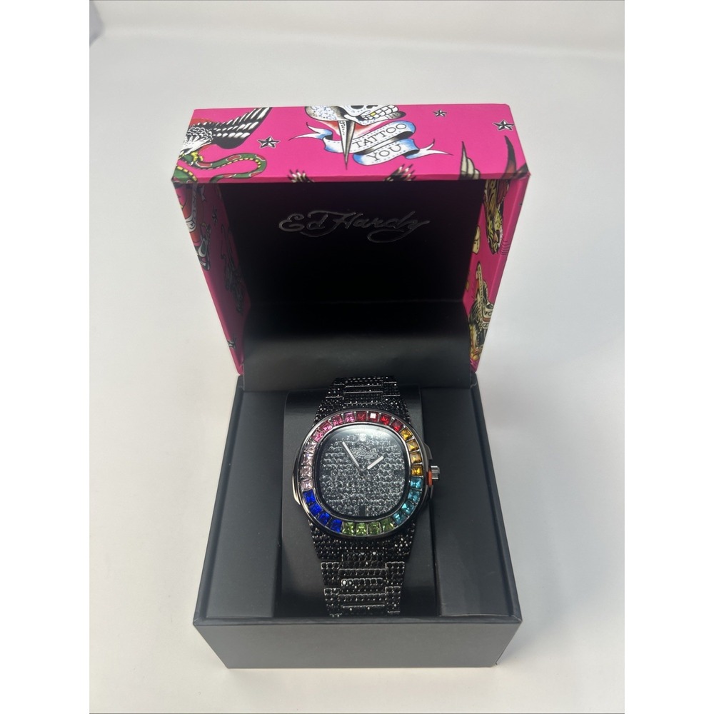NIB Ed Hardy Women's Black Iced Out Watch Rainbow Crystal Bezel